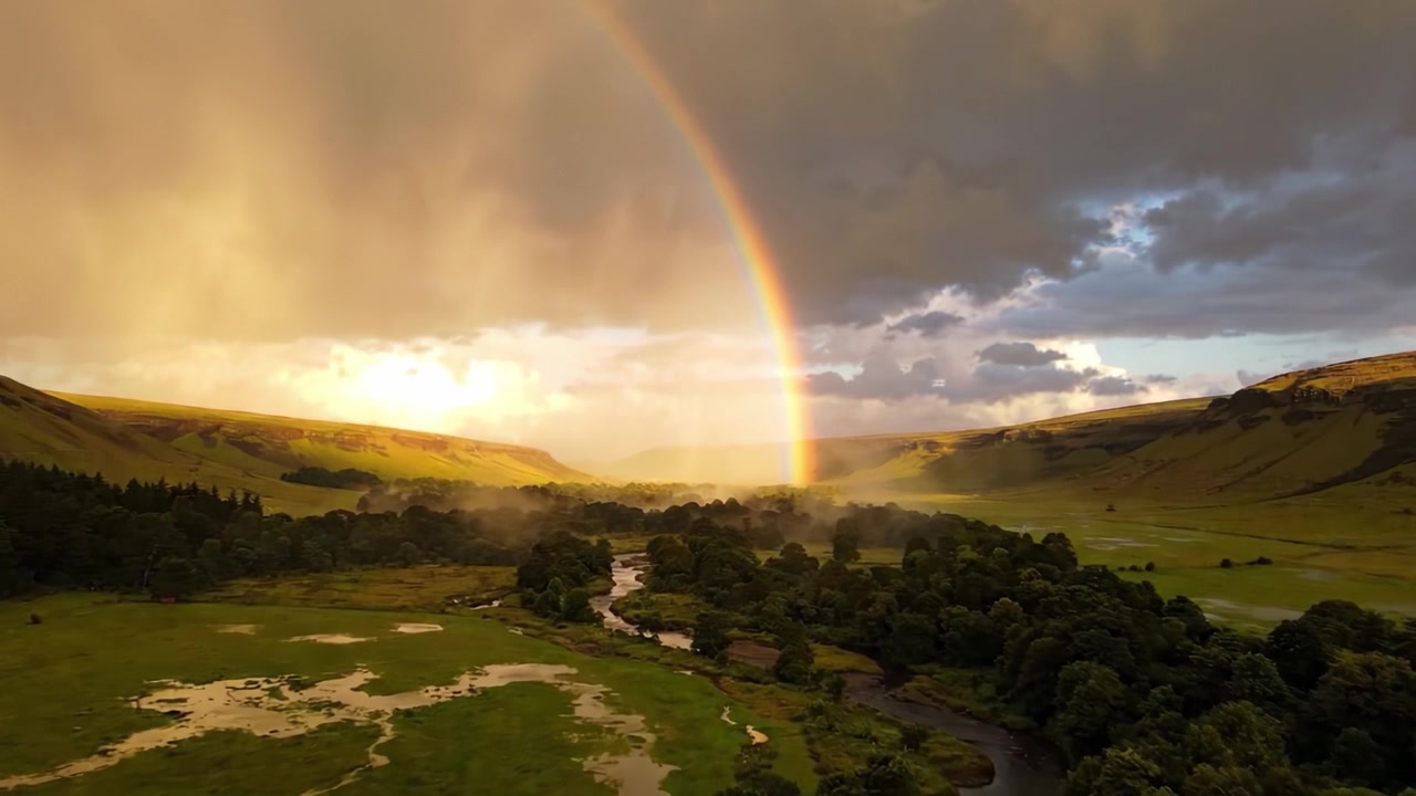 Uma Paisagem Serena Capturada na Luz do Início da Noite, Exibindo um Arco-Íris Vibrante Sobre Vales Verdes Exuberantes e um Rio Tranquilo Fluindo Pelo Esplendor da Natureza