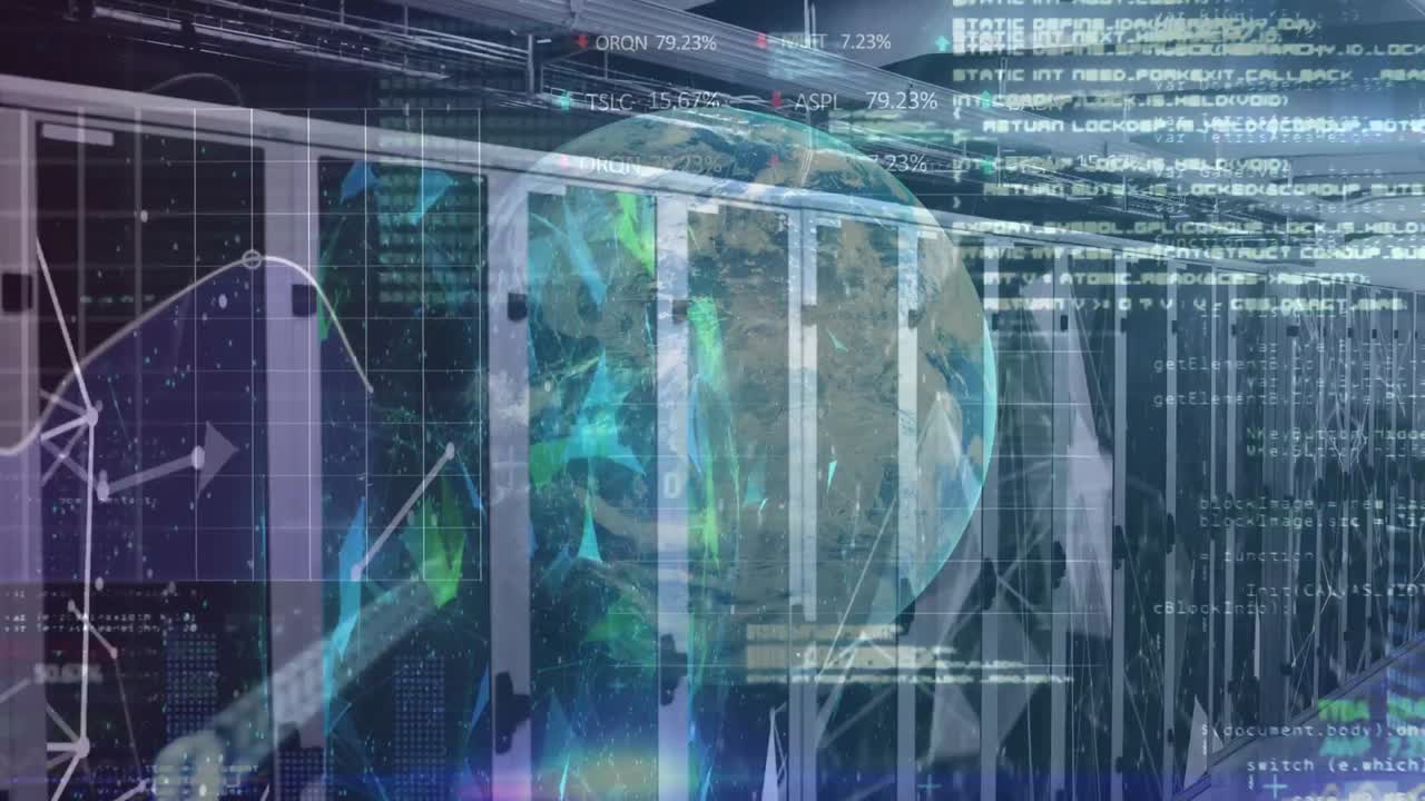Animation of diverse financial data, graphs and globe over servers