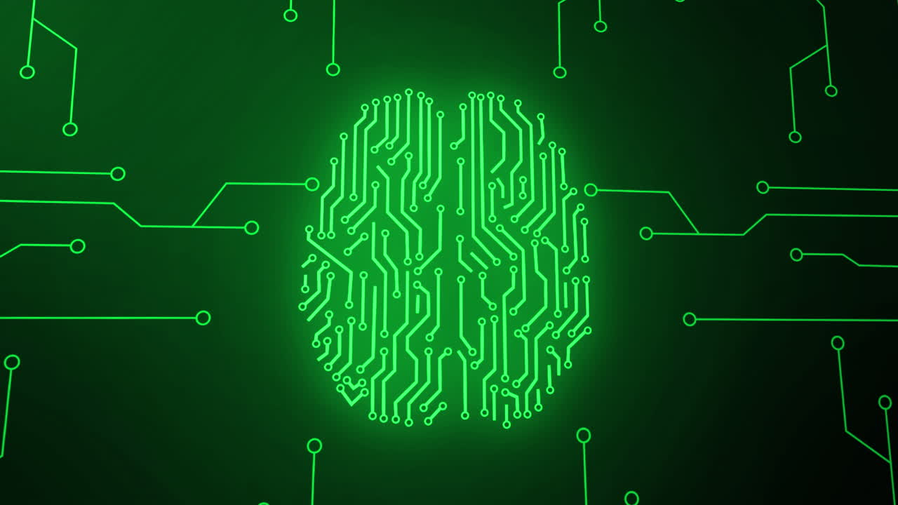 Animation of green network of connections and brain over black background