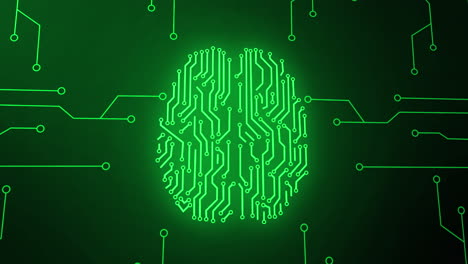 animation of green network of connections and brain over black background
