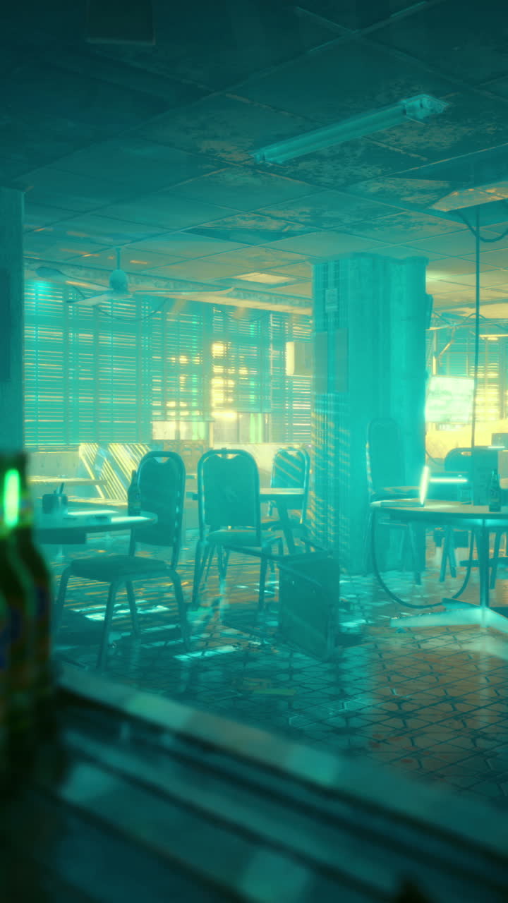 Urban environment illuminated by neon lights at night with empty chairs