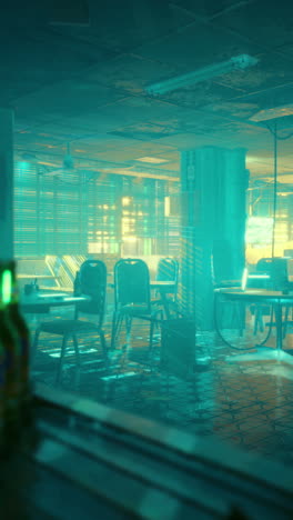 urban environment illuminated by neon lights at night with empty chairs