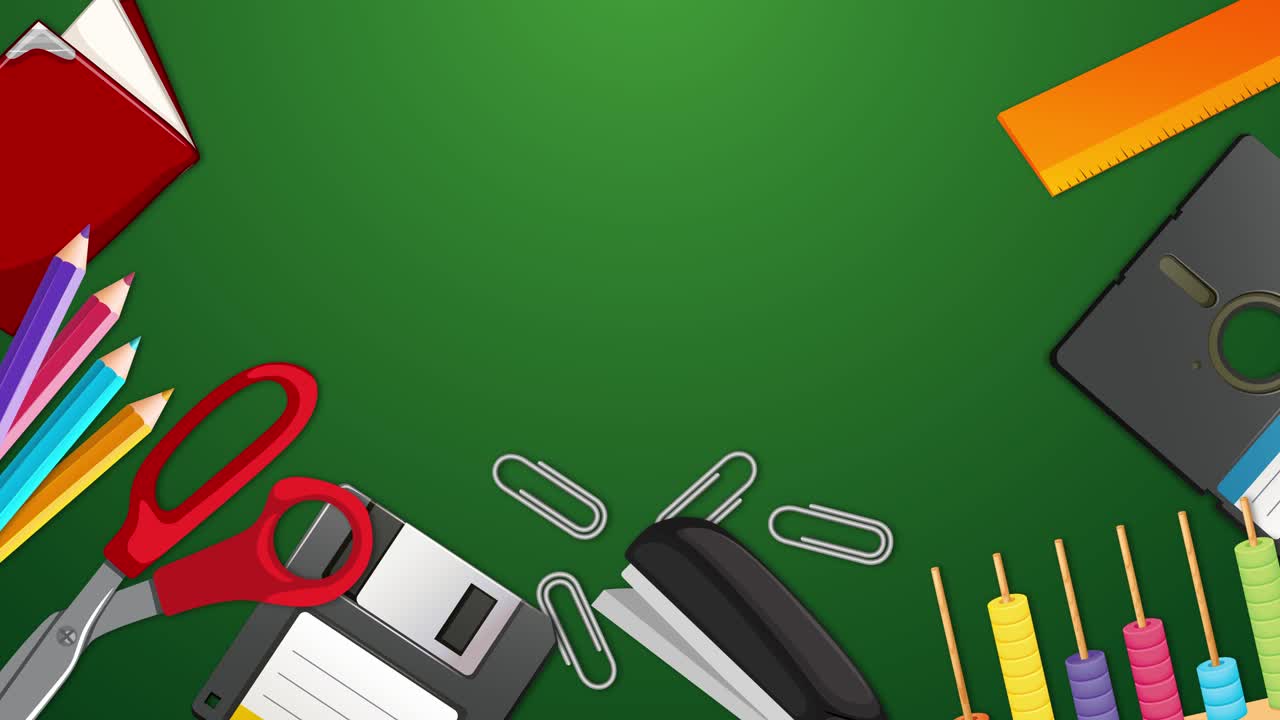 artículos estacionarios coloridos que se mueven sobre un fondo verde