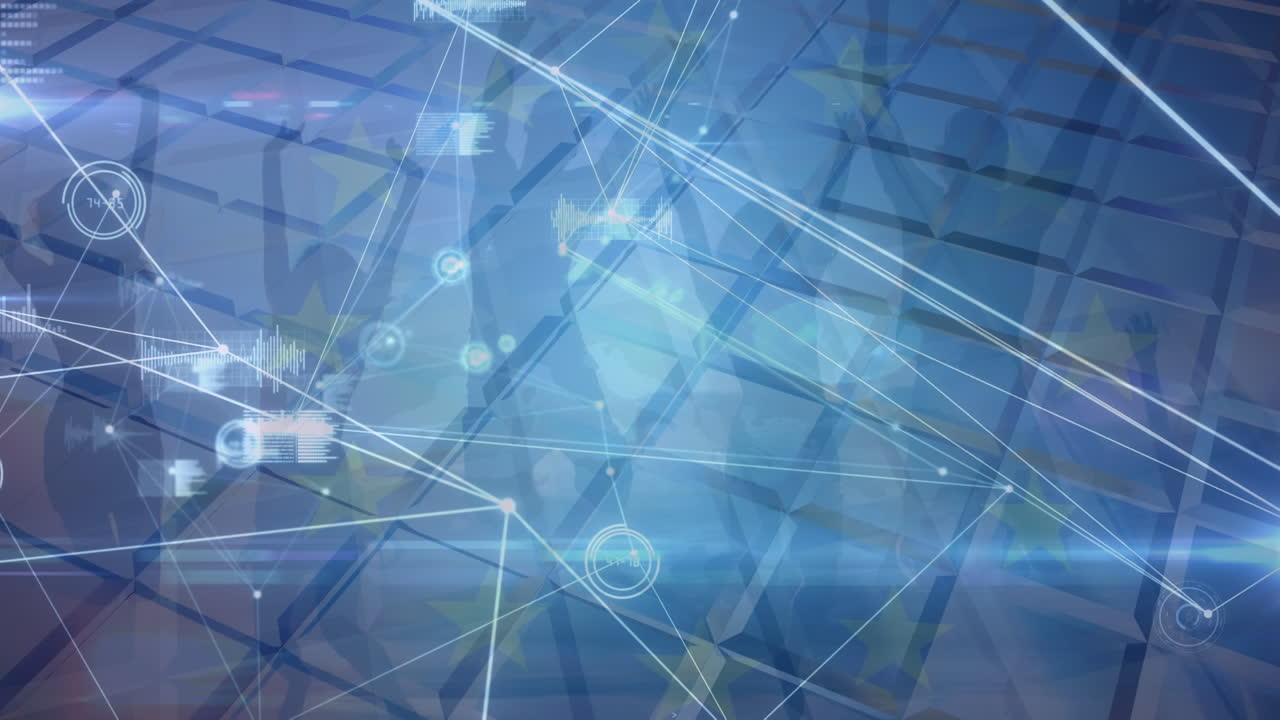 animación de la red de conexiones y bandera de la ue sobre diversas siluetas de personas