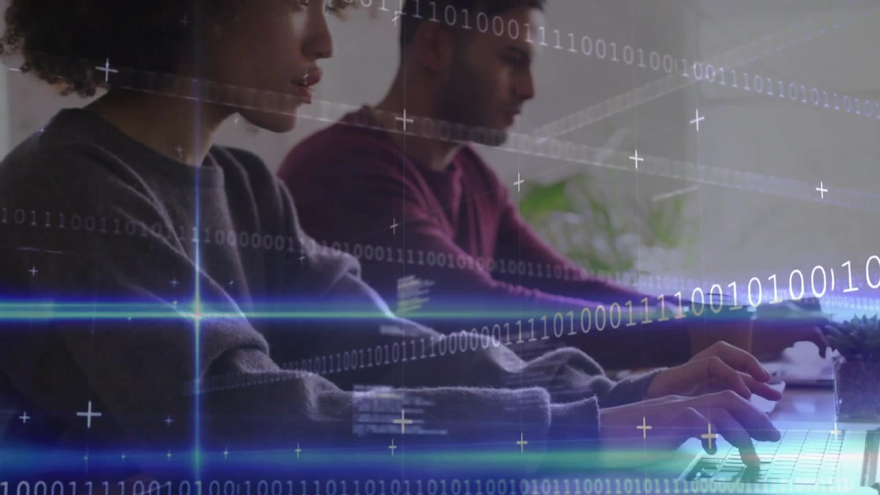 Woman typing and man pausing for coffee, initiating binary overlay enveloping laptops aiding coding