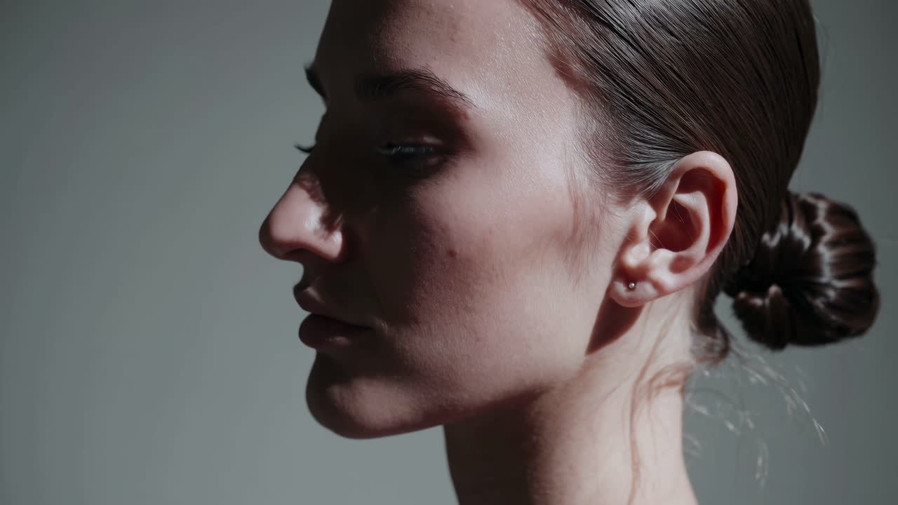 Vista di profilo di una donna con un elegante chignon, catturata in una luce soffusa