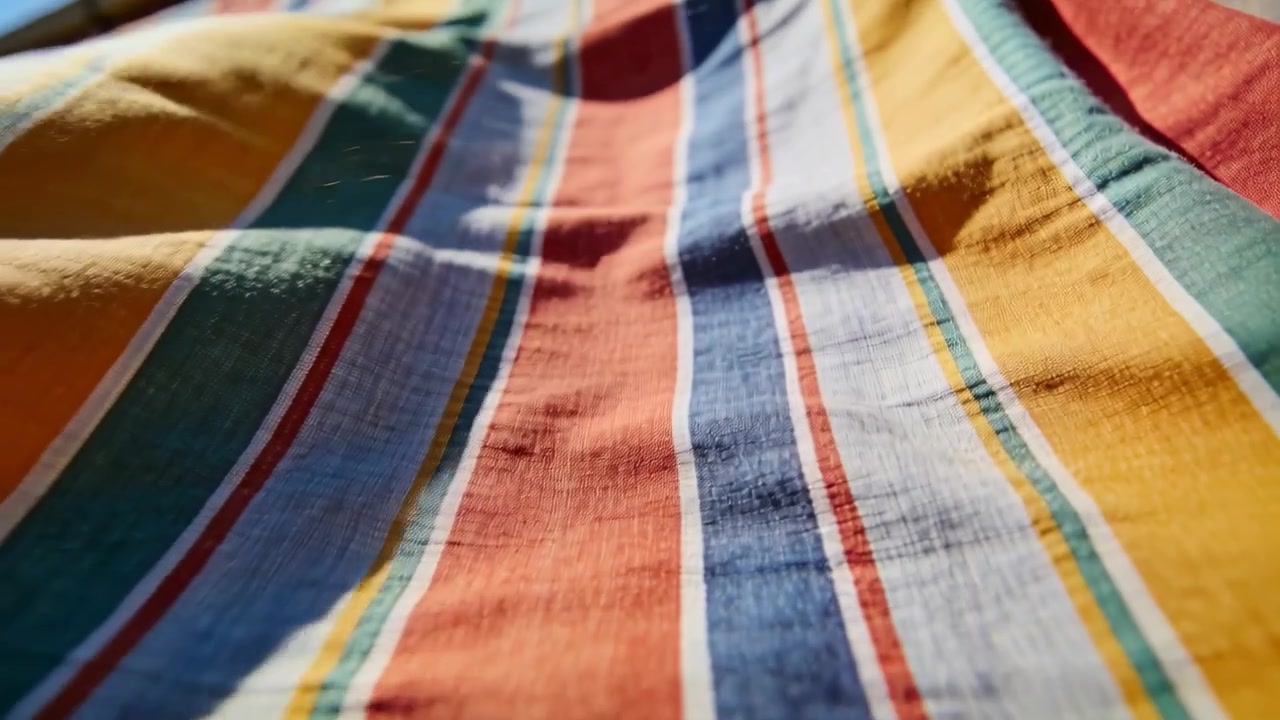 Breeze sending bright striped cloth rippling on rod outdoors, sunlight accentuating woven texture