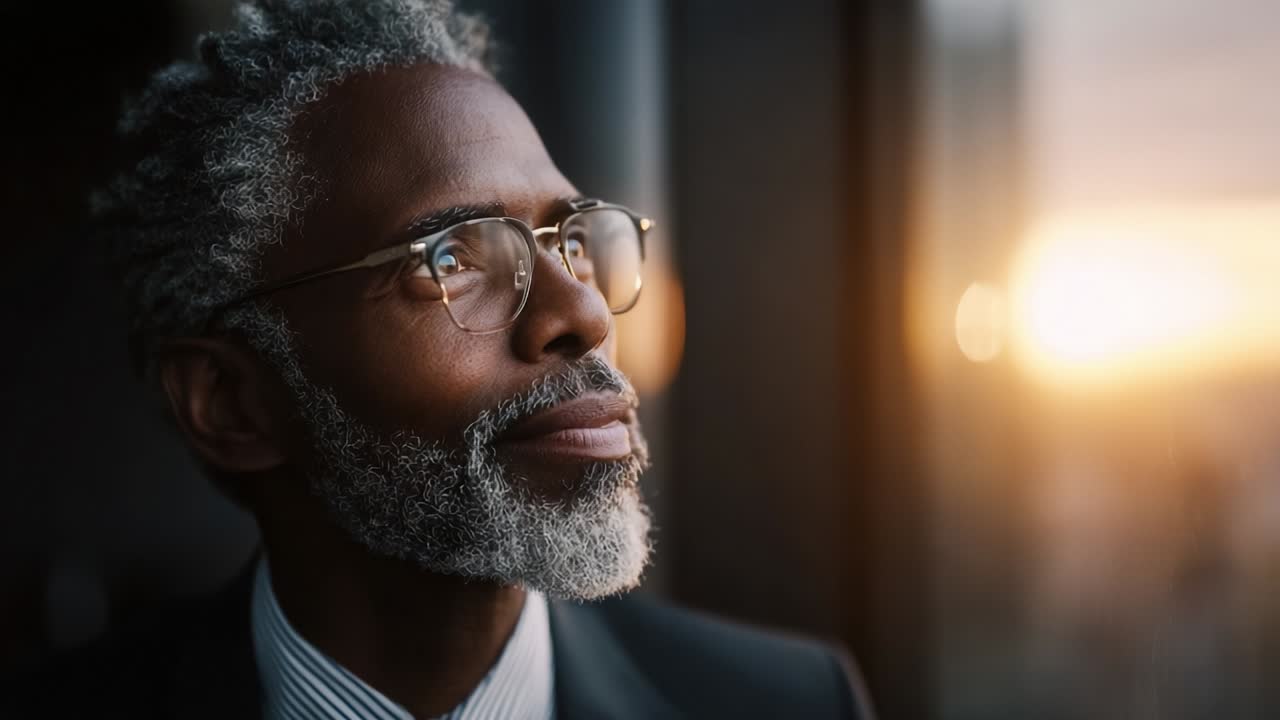 Reflective Moment: A Distinguished Older Man with Graying Hair and Glasses Looks Out with a Serene Expression, Capturing the Beautiful Glow of Sunset in the Background, Emphasizing Timeless Wisdom and Contemplation