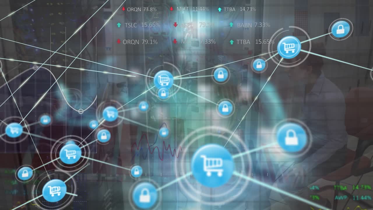 Animación de una red de iconos digitales sobre una ingeniera caucásica en una sala de servidores.