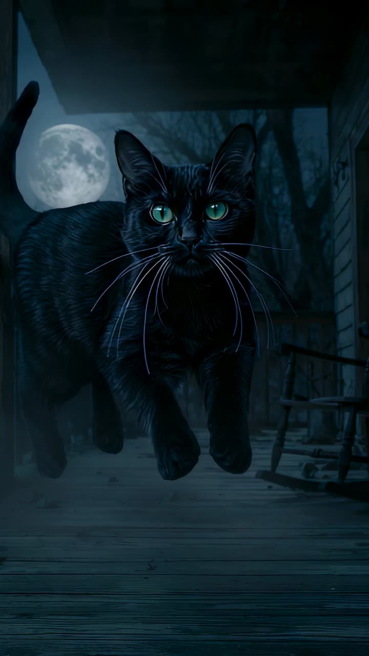 Vídeo vertical: gato preto saltando para fora da tela e aterrissando em uma varanda iluminada pelo luar, caminhando em direção a uma mão humana