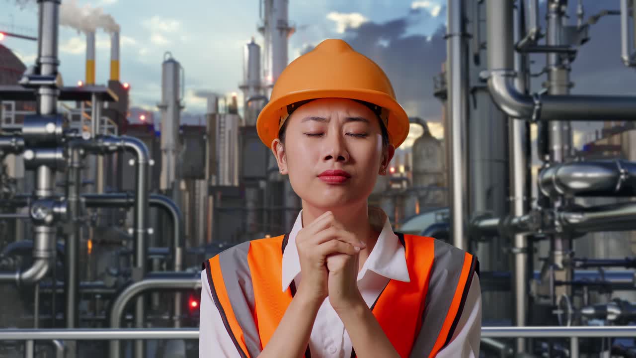 Concerned Woman Engineer Praying at Factory