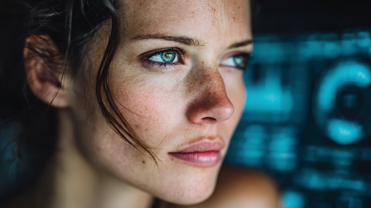 Captivating Portrait of a Young Woman with Stunning Blue Eyes and Freckles Against a Mysterious Background, Highlighting Her Intense Expression and Natural Beauty