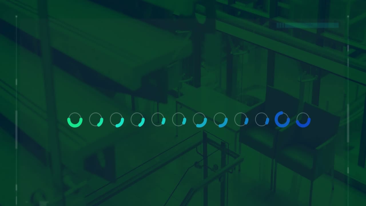Animation of statistical data processing over aerial view of empty office