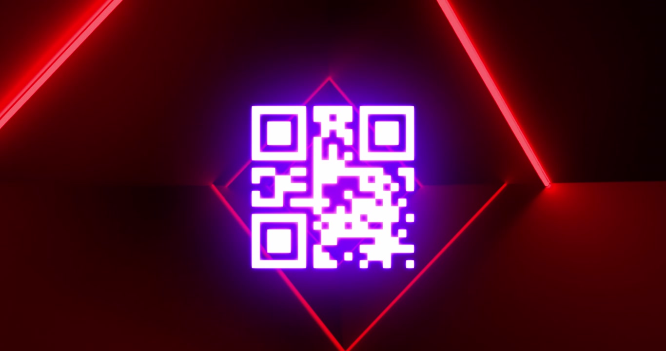 Animation of qr code and neon lines on black background