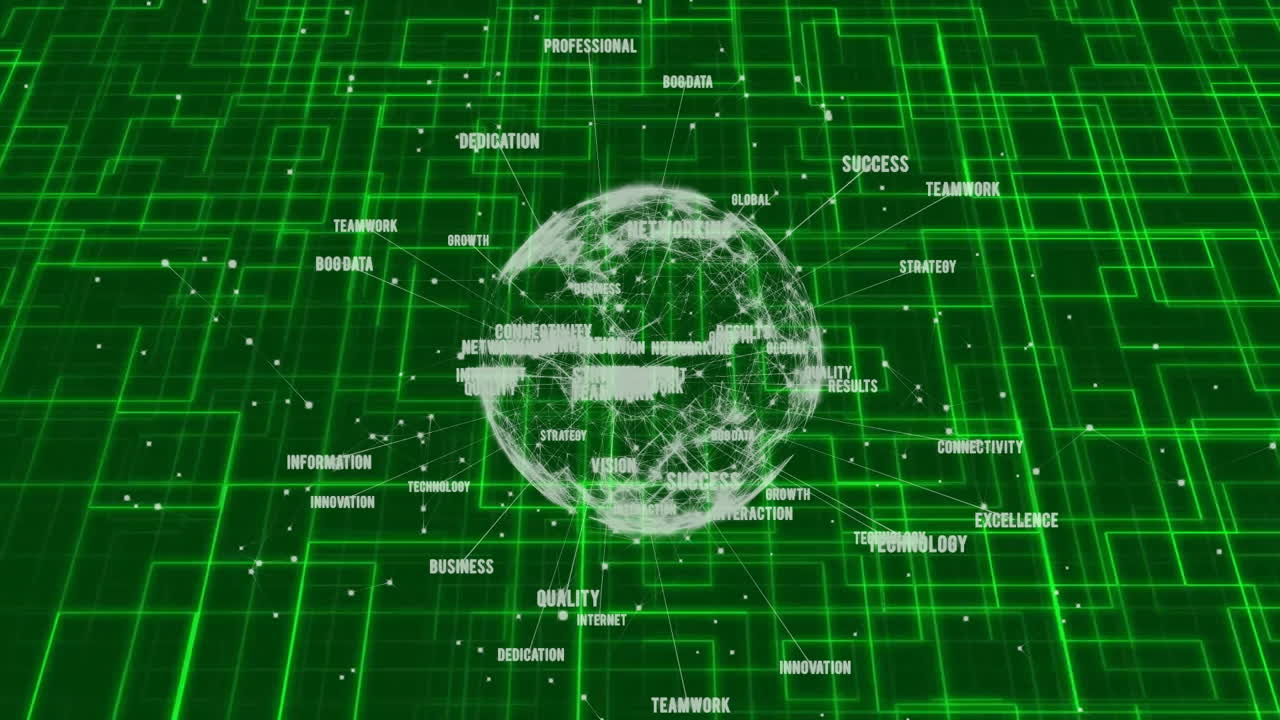 Animation of global network and business terms over green digital grid background