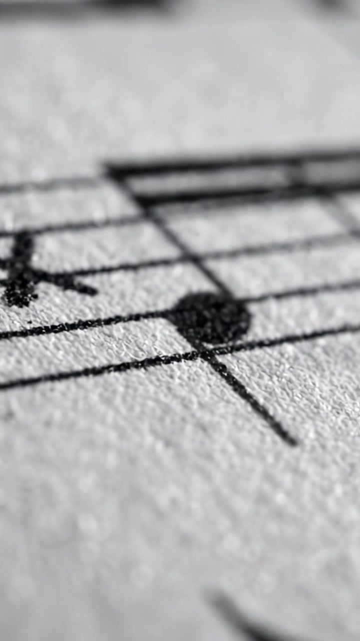 Esplorando le complessità dello spartito musicale: una visione ravvicinata della notazione musicale che evidenzia schemi ritmici e dettagli dei simboli.