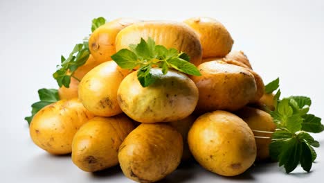 freshly harvested golden potatoes with green leaves on a white background