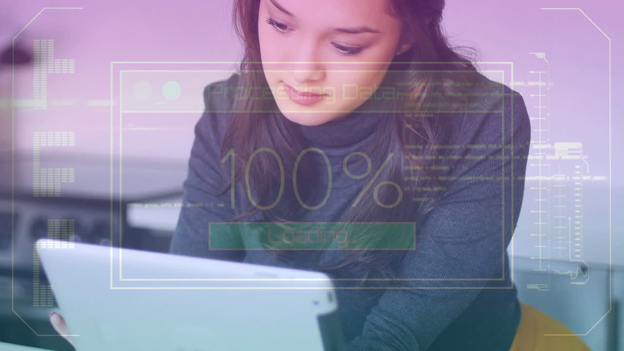 Donna che tiene un tablet al bancone, con HUD che appare e mostra i progressi, guidando il completamento di un aggiornamento tecnologico.
