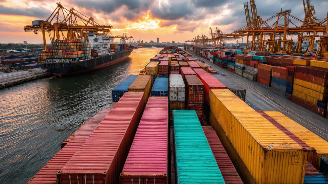Breathtaking View Over a Busy Port at Sunset: Container Ships and Stacked Cargo Boxes Under Dramatic Skies
