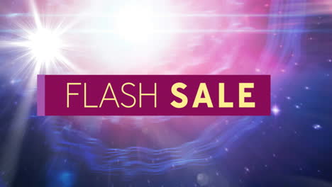 animation of flash sale text over purple banner on glowing pink to purple background