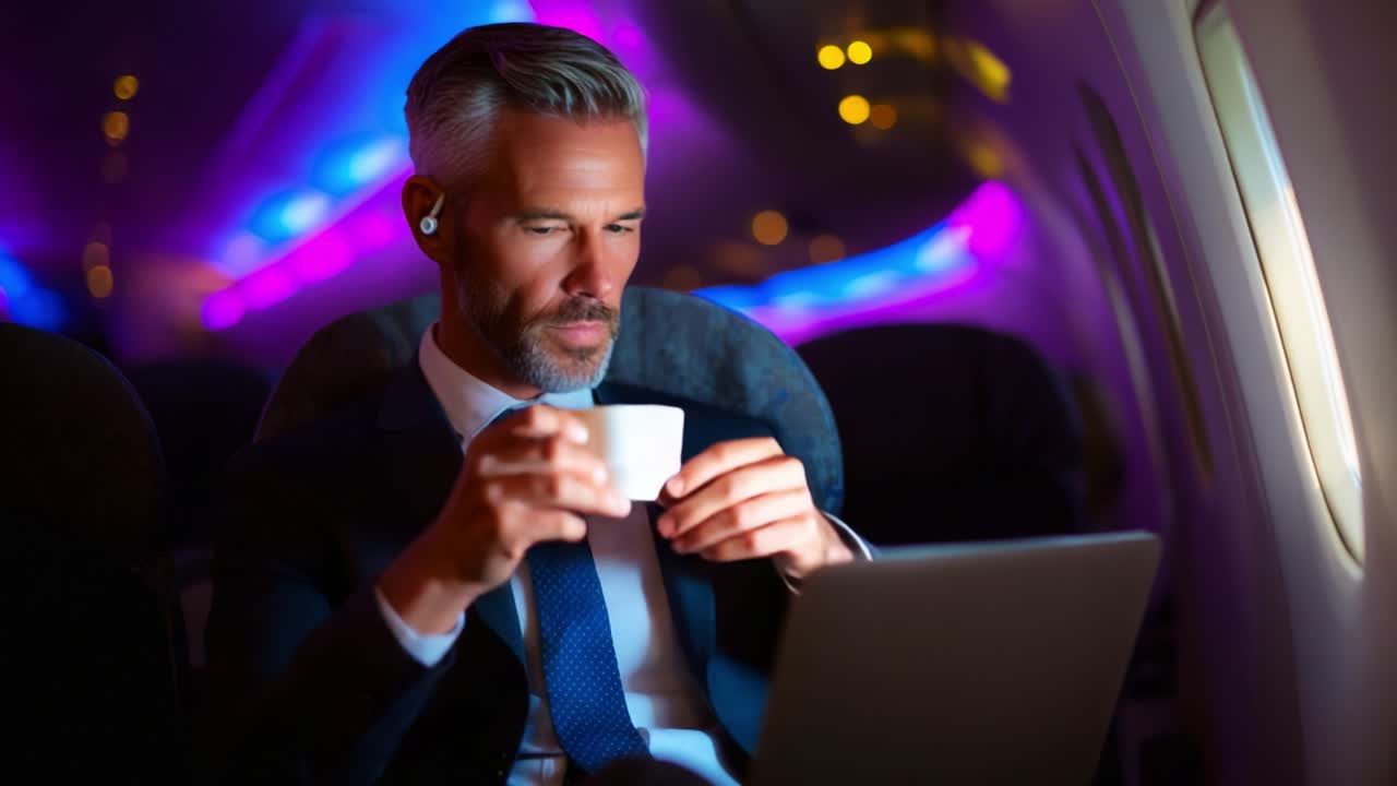 Un professionista in giacca e cravatta che si gusta una bevanda mentre usa il suo laptop su un aereo, circondato da un’illuminazione ambientale colorata, che riflette un’esperienza di viaggio rilassante e produttiva