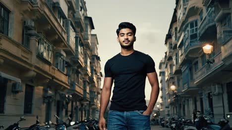 young confident male model with hand in pocket posing in a narrow street with motorcycles parked on each side at sunset wearing a black t shirt and jeans