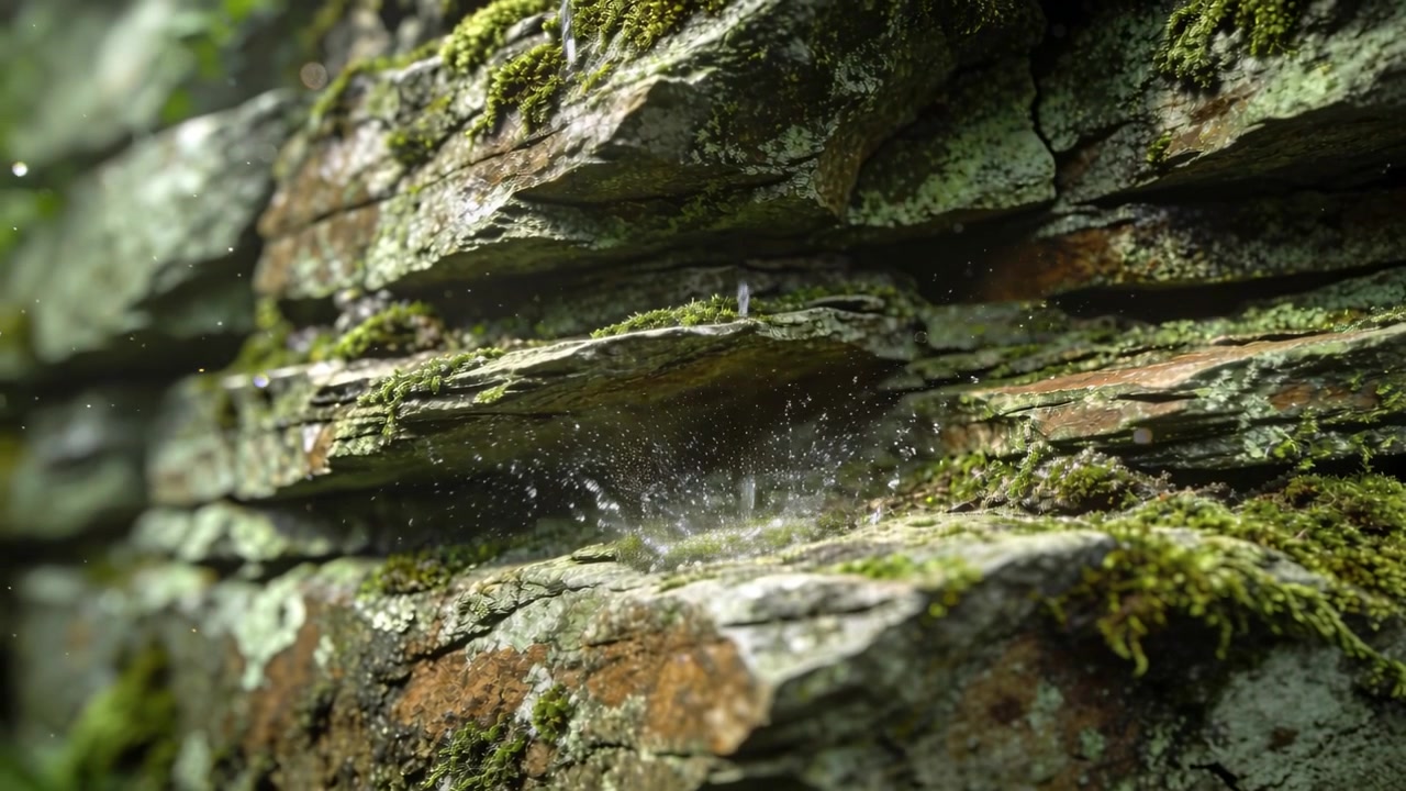 Receiving drop, mossy layered ledge creating crown splash in ravine, scattering droplets onto moss