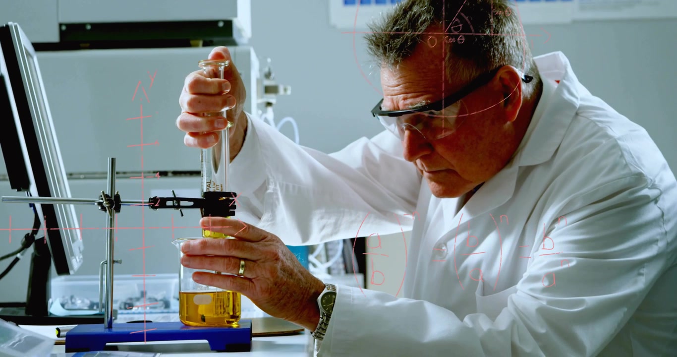 Senior chemist using pipette on column, dripping amber liquid, logging data with animated overlay