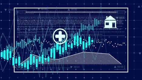 Animación-De-Gráficos,-Barra-De-Carga,-Datos-Sobre-Múltiples-Iconos-Sobre-Fondo-Azul