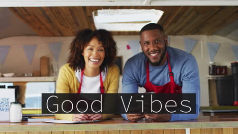animation of good vibes text over smiling african american couple