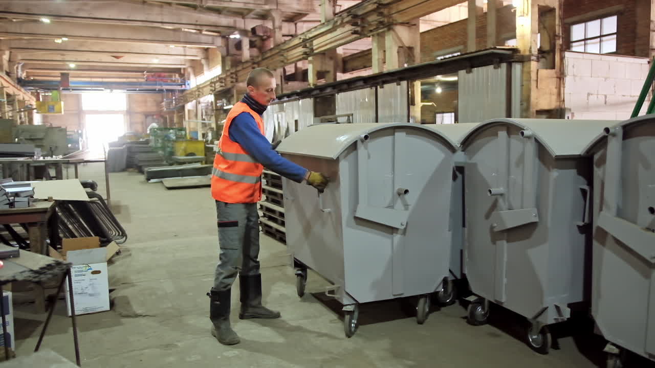 Industrial plant inside. Worker puts ready garbage bins on the factory. Interior of manufacturing.