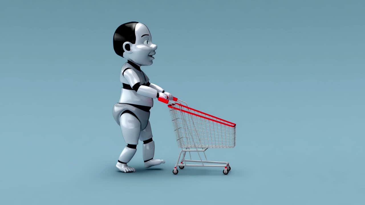 4K concept animation of a baby robot shopping