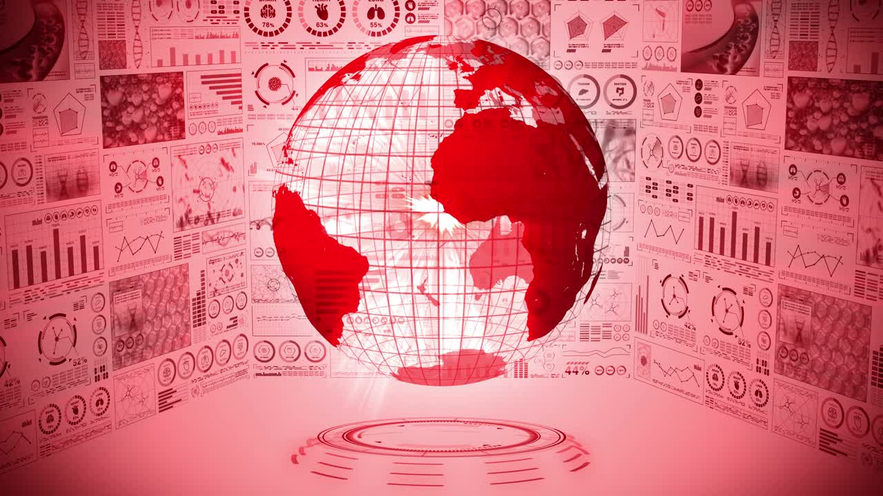 pandemia de infección. tierra global con puntos rojos de infección. holograma médico elementos de datos digitales gráfico. control infeccioso. vírus de curación. animación en bucle.