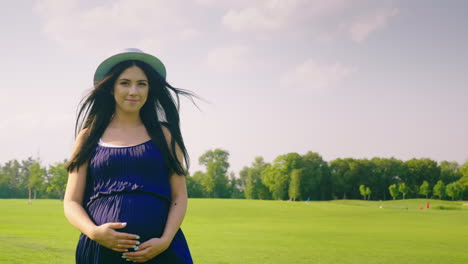 steadicam shot: young pregnant woman walks in a green meadow