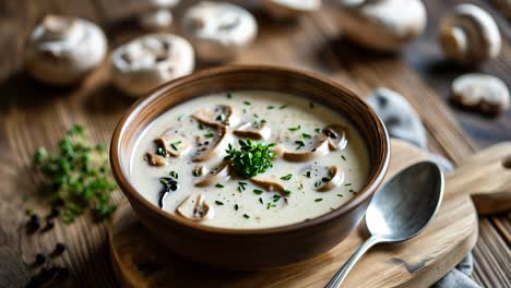 creamy mushroom soup is garnished with fresh thyme, parsley, and black pepper, served in a rustic bowl on a wooden table, creating a warm and inviting autumnal meal