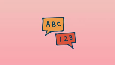 animación de nubes con abc y 123 textos que se mueven sobre un fondo rosa