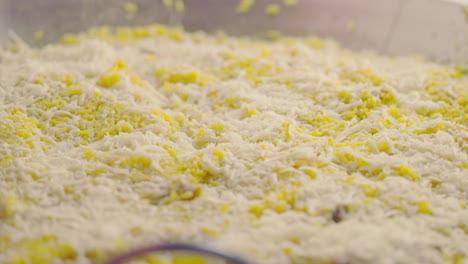 adding small pieces of scallions on top of cheese, rice and chicken