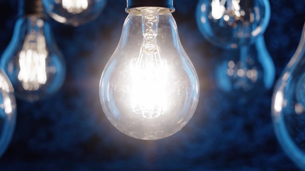 Een boeiende weergave van vintage gloeilampen die de scène verlichten met hun heldere gloed tegen een diepblauwe achtergrond, wat een opvallend visueel contrast creëert.