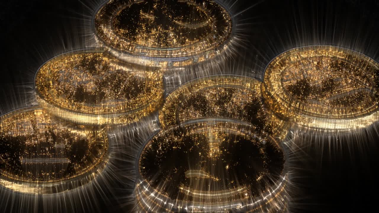 많은 유로 동전의 루프 가능한 키를리안 오라 (kirlian aura) 는 원으로 회전하는 근접 시각입니다.