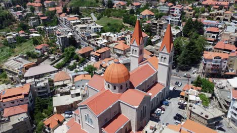 Saint-Saba-Cathedral-At-The-Center-Of-A-Mountain-Village-In-Bsharri,-Lebanon