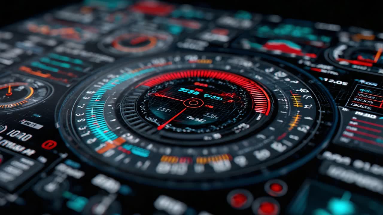 A Compelling Close-up of a Futuristic Dashboard Interface Featuring Dynamic Readouts, Graphical Displays, and Intricate Data Visualizations Highlighting Performance Metrics