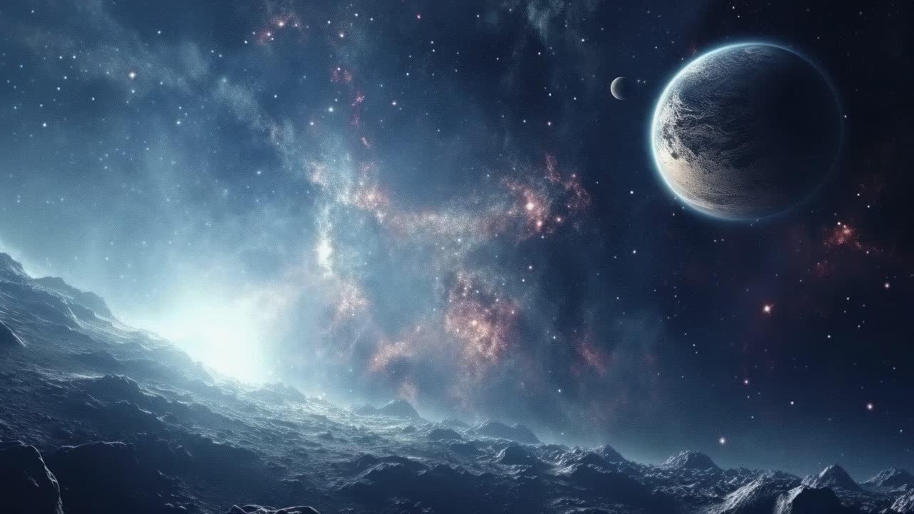 A breathtaking space scene with a distant planet and stars, captured from a low-angle view, perfect