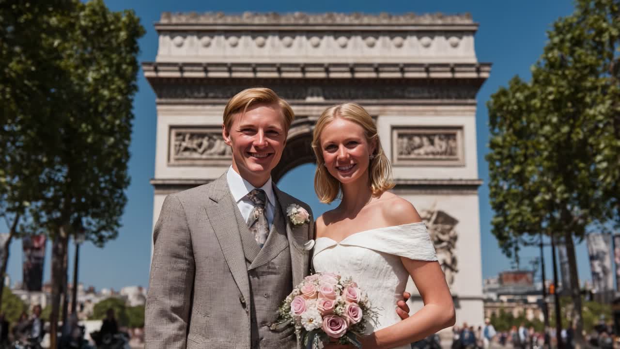 A Joyous Celebration of Love: Newlyweds Pose Elegantly in Front of the Iconic Arch of Triumph, Capturing a Cherished Moment in Time Against a Picturesque Parisian Backdrop