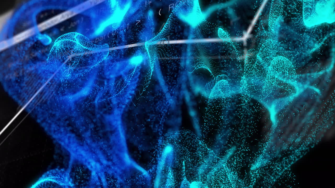 Abstract blue and green particles forming dynamic waves, digital data animation