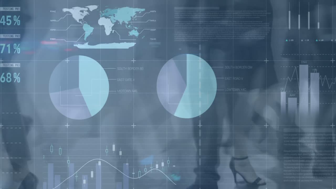 Animation of financial data processing over diverse business people walking