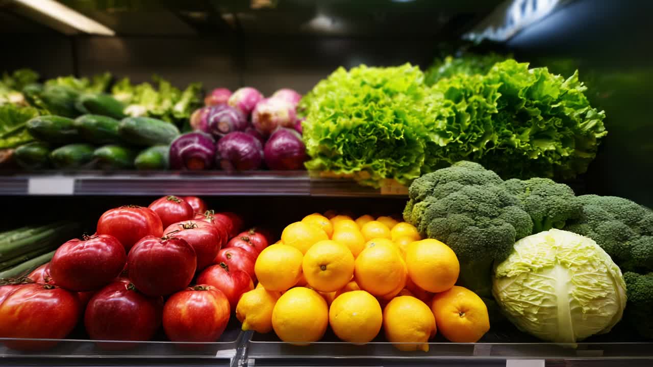 Colorful Display of Fresh Produce in a Grocery Store: Vibrantly Arranged Stacks of Vegetables and Fruits Highlighting Apples, Broccoli, Lettuce, Lemons, and Cabbage for Healthy Eating Choices