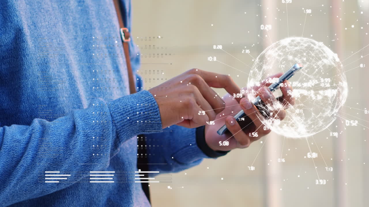 Animation of financial data processing over biracial man using smartphone