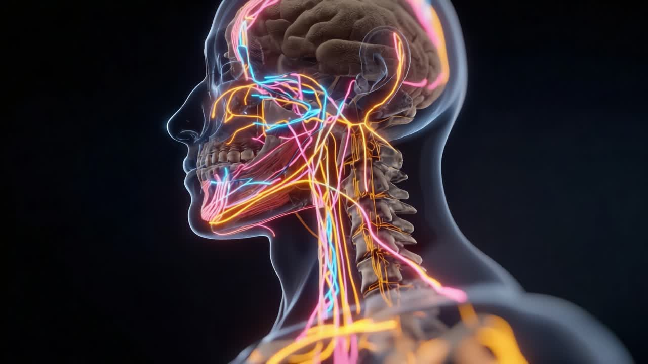 Uma Visualização Detalhada do Cérebro Humano e do Sistema Nervoso, Exibindo a Intrincada Rede de Nervos, Artérias e Veias, Destacando a Conectividade Essencial para o Funcionamento do Corpo.