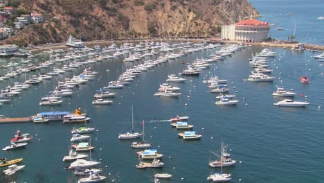 high angle wide overview of the town of avalon on catalina island with the opera house in background 1