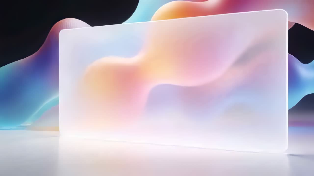 Appearing frosted rounded rectangle panel rotating right on glossy floor, revealing pastel blobs